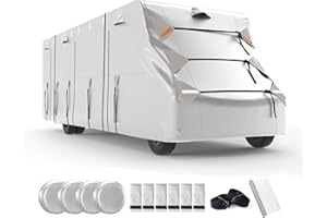 FRUNO Oxford Fabric Class C RV Cover Fits 23'-26' Waterproof Rip-Resistant Anti-UV Motorhome Camper Cover for Winter Snow with 4 Tire Covers and Gutter Covers