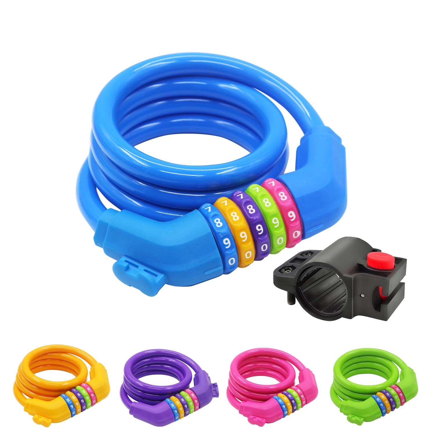 IDEALUX Bike Lock - High Security 5 Digit Resettable Combination Coiling Cable Lock Best for Bicycle Outdoors - 4 Feet x 1/2 Inch (Blue)