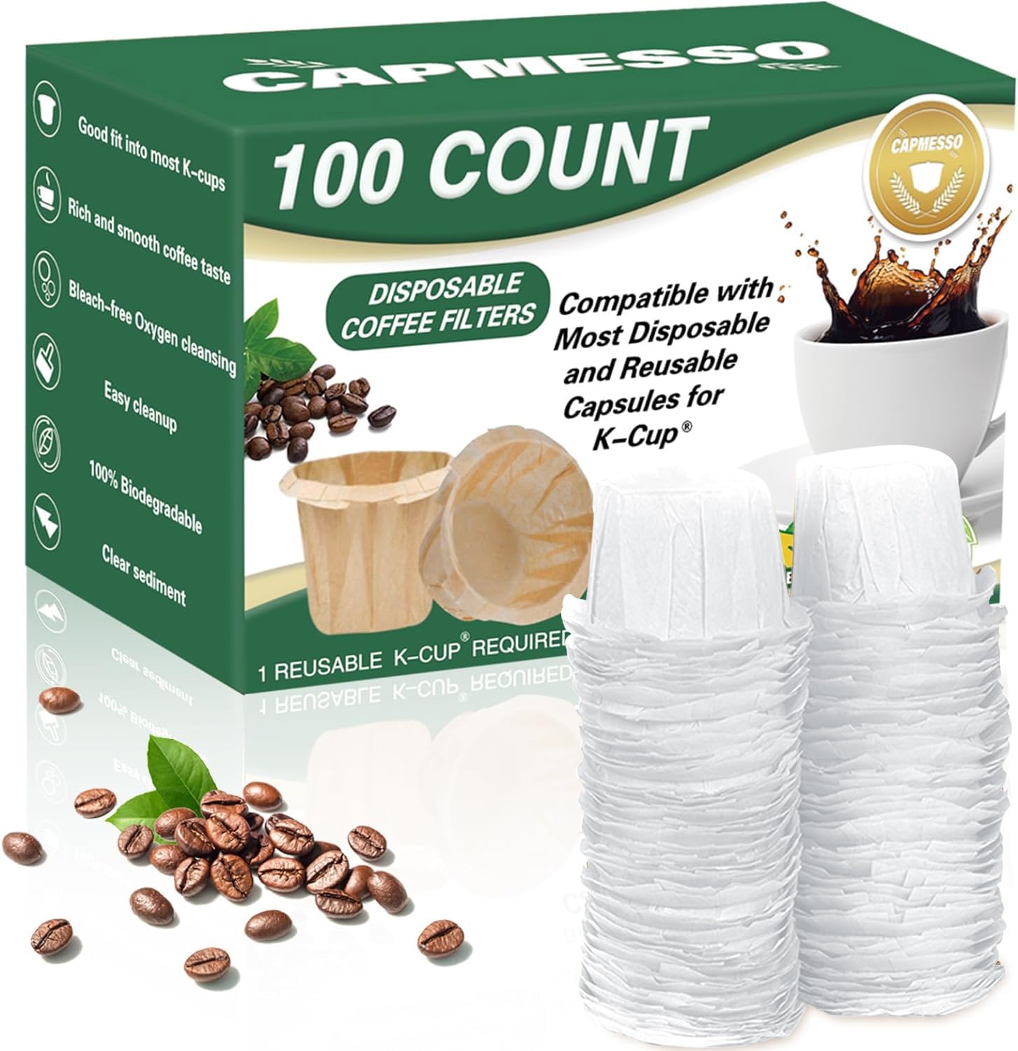 Photo 1 of CAPMESSO Disposable Coffee Paper Filters, 100 Count Keurg Cup Coffee Filters Compatible with Keurg Brewers Reusable Single Serve 1.0 and 2.0 Coffee Maker (100 Count, White)