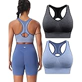 BLUELILY Women's Sports Bras 3 Pack Racerback Medium Support Bras V-Neck Padded Workout Seamless Yoga Athletic Bras