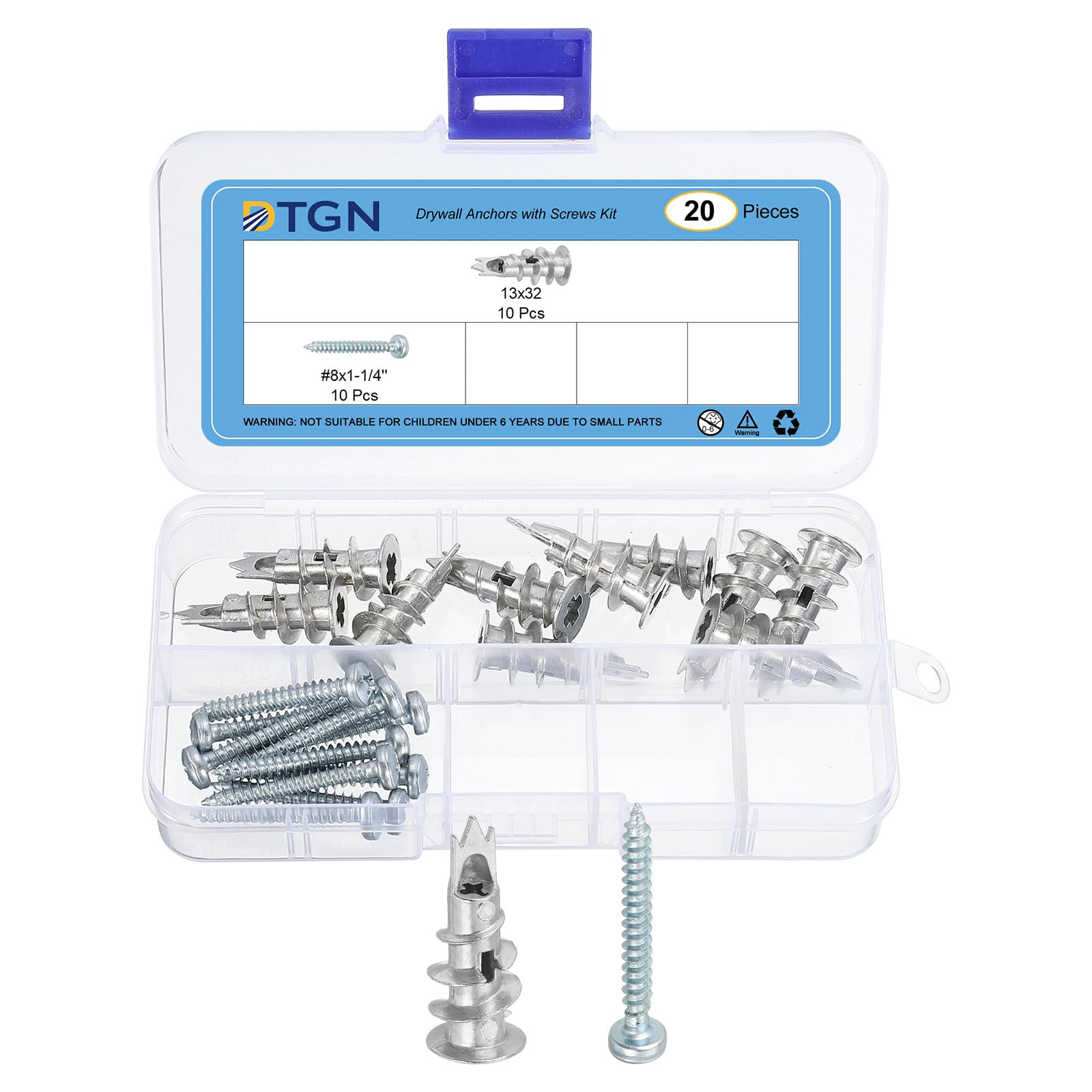 DTGN 1/2"x1-1/4" Self-Drilling Drywall Anchors with Screws Kit - 10 Set - Good for Concrete Tile Cement - Zinc Alloy Hollow Wall Anchors Kit with 35mm Screws