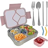 QIBONGS-Stainless Steel Tray Bento Lunch Box with Sauce Cup Drop-Proof, Leak-Proof 4 Compartments Container for Work, Travel, Dishwasher Safe, Made with Food-Safe Materials (Pink)