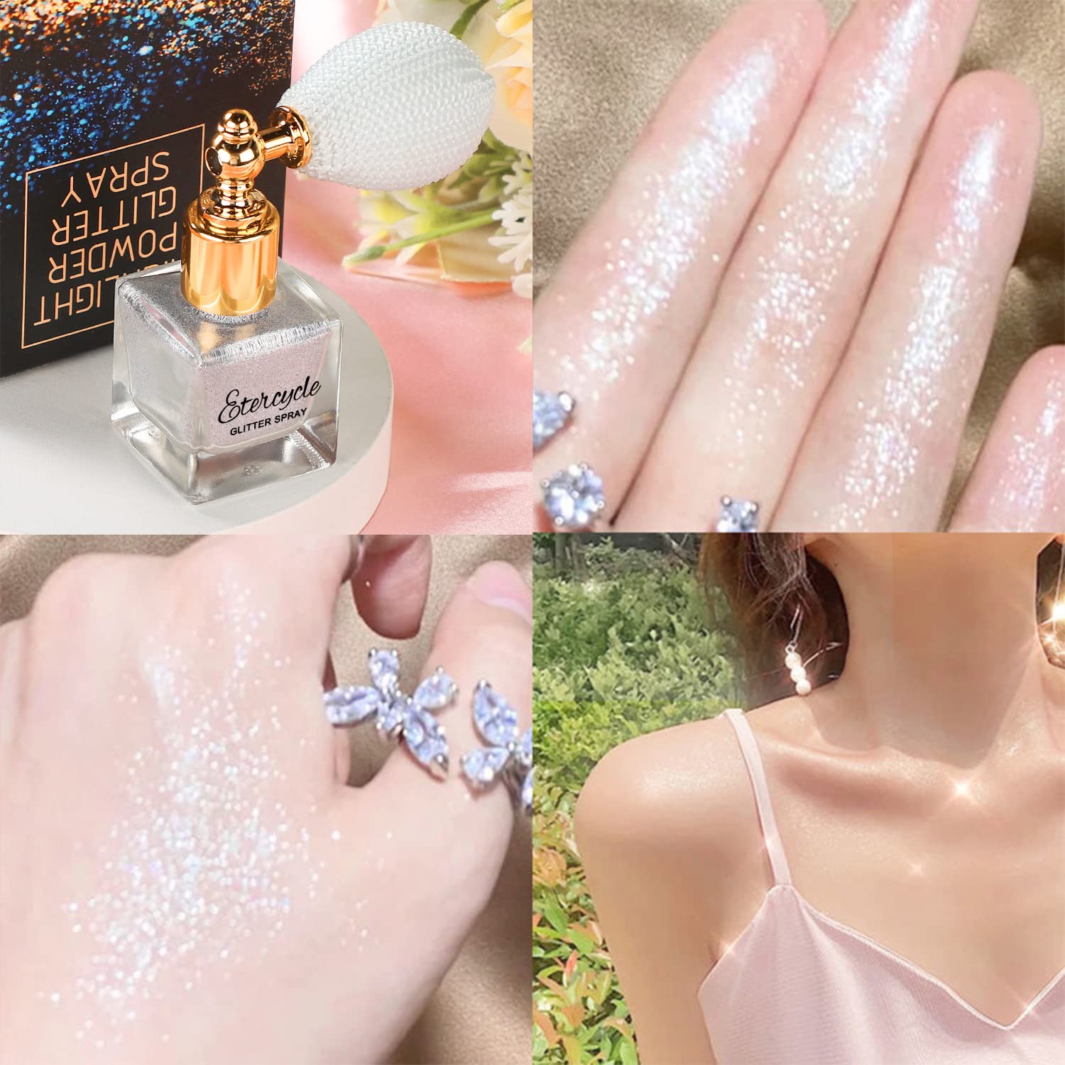 Etercycle Silver Body Glitter Spray, Shimmering Spray Powder Sparkle Powder, Cosmetic Shimmer Makeup Glitter for Hair and Body Face Clothes Nail Art Craft Design Easter Christmas Halloween Crafts