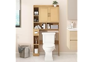 VABCHES Farmhouse Rattan Storage Cabinet Over Toilet - 2 Door with Toilet Paper Holder - Space-Saving for Bathroom, Oak