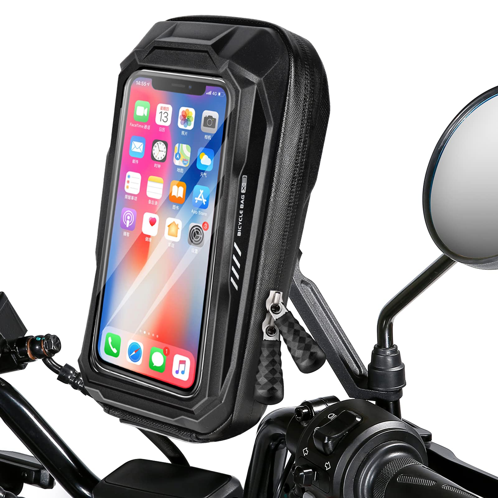 BTNEEU Motorcycle Phone Mount Waterproof 360°Rotation Motorbike Phone Holder with Rain Cover, Adjustable Motorcycle Mirror Phone Mount Compatible with Smartphone Up to 6.5 Inch (Deep Black)