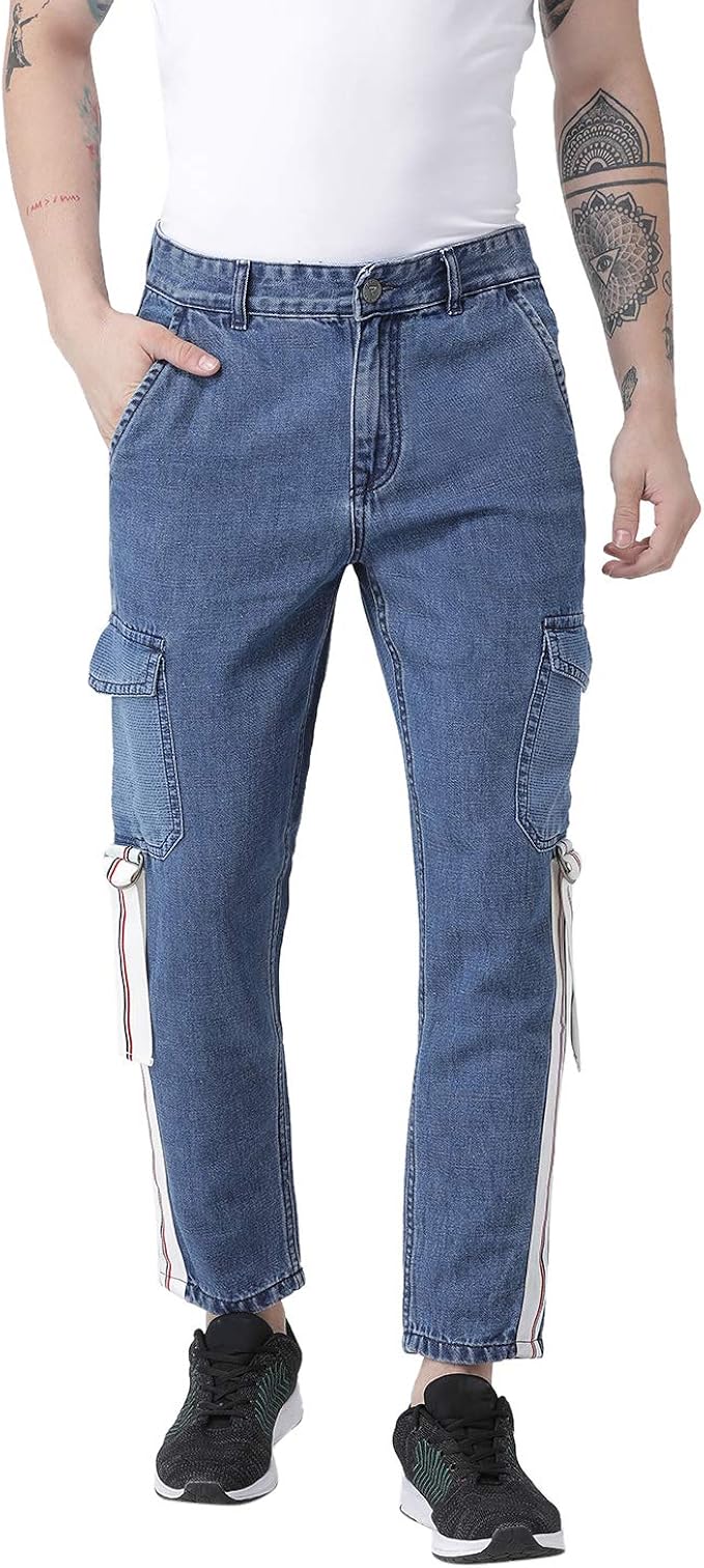 Buy REALM Denim Jeans Cargo for Men Mid Blue Side Tape Cargo Pocket