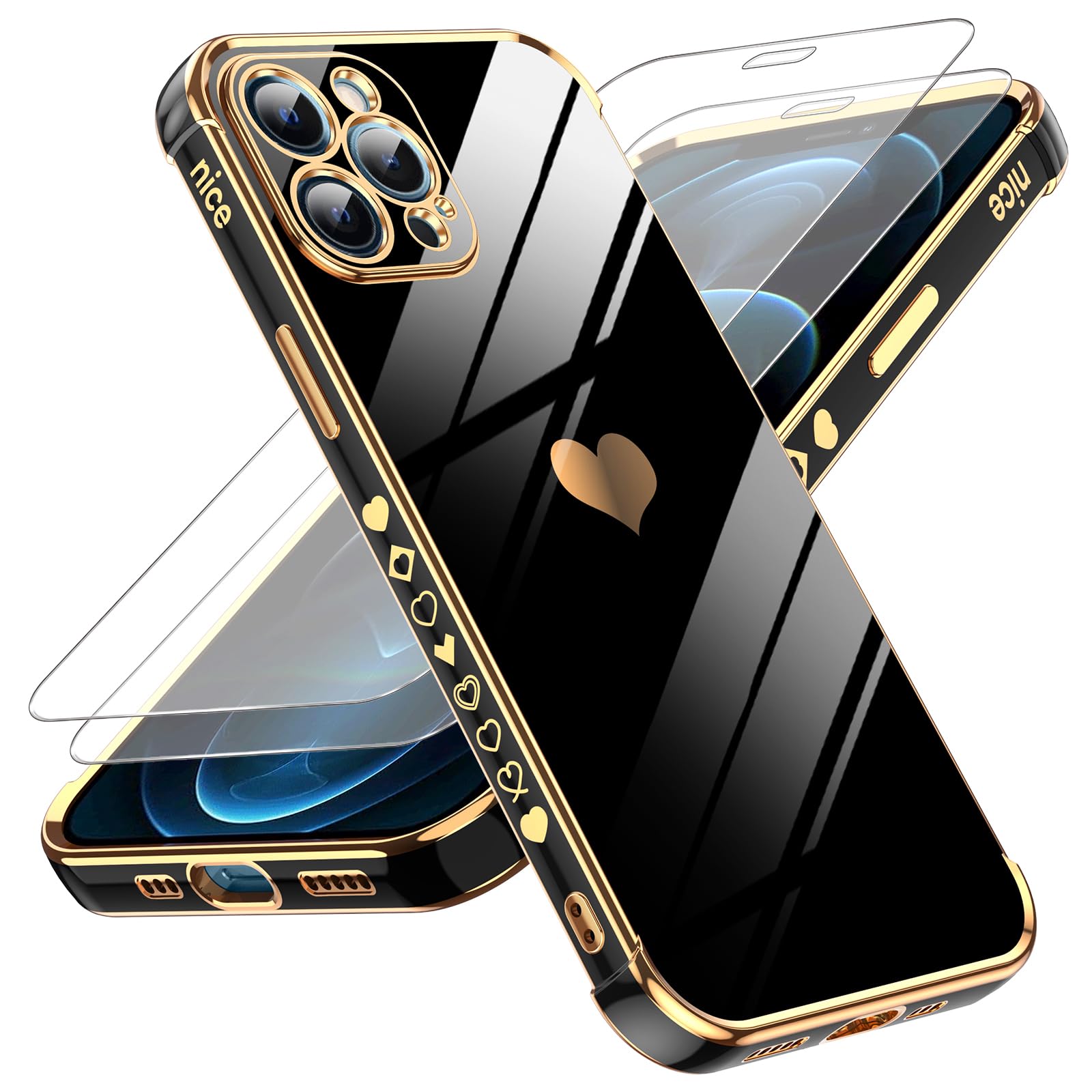 LeYi for iPhone-12-Pro-Max Case: (𝐍𝐨𝐭 𝐟𝐢𝐭 𝟏𝟐 𝐏𝐫𝐨) Tempered Glass Screen Protector [2 Pcs]+ Full Camera Lens Protection,Love Heart Plating Luxury Soft TPU Case for 12 Pro Max,Black