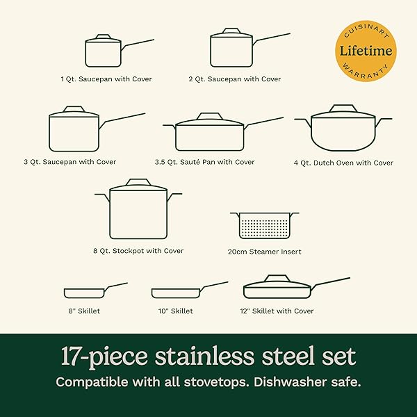 CUISINART 17-PIECE STAINLESS STEEL COOKWARE SET, CHEF’S CLASSIC STEEL COLLECTION WITH PURE ALUMINUM CORE FOR QUICK AND EVEN HEAT, COOL GRIP HANDLES, DISHWASHER SAFE, 77-17N