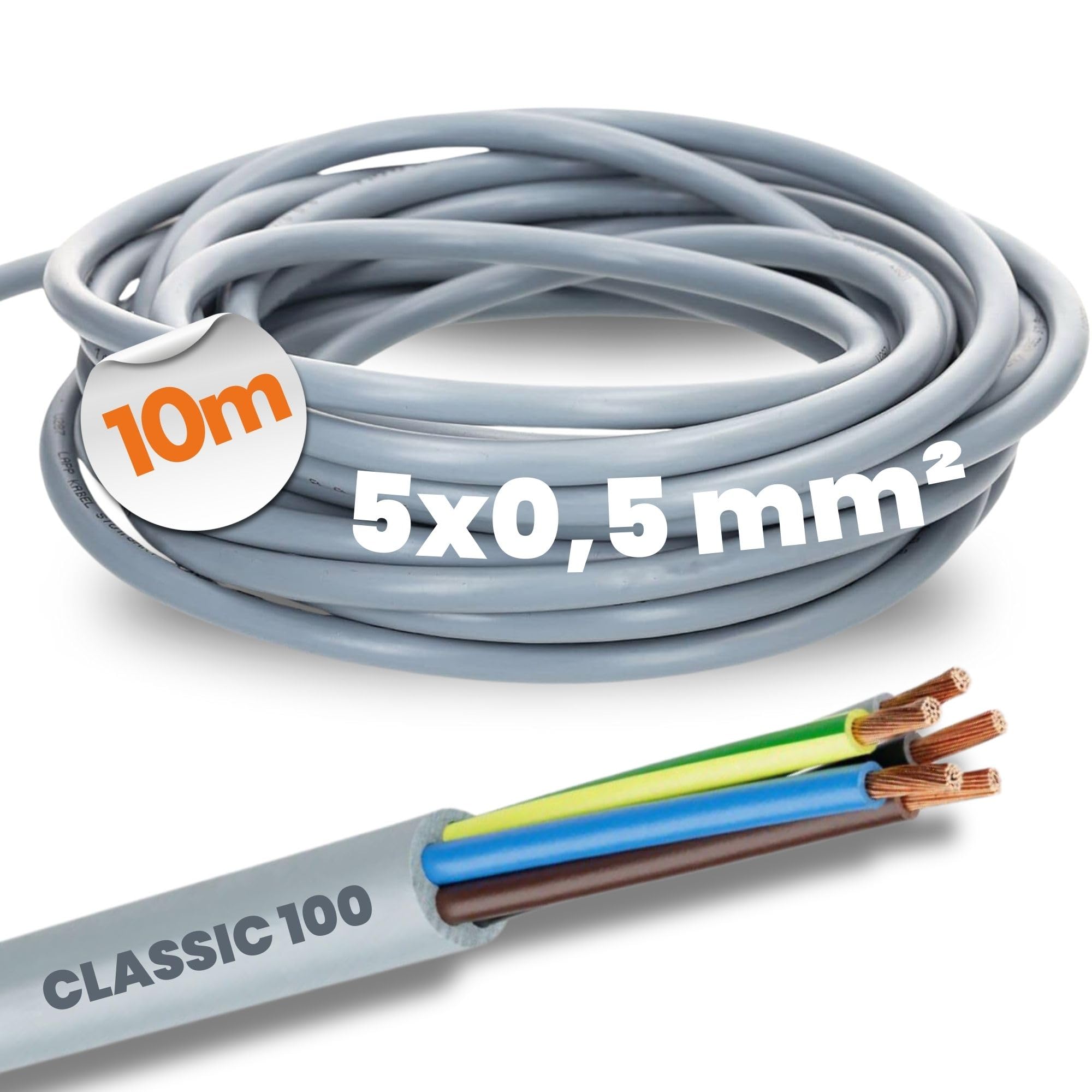 10 Metre Lapp 00100034 Ölflex Classic 100 Control Line 5 x 0.5 mm² with Green-Yellow Protective Conductor 5G0.5 mm² I 5 Core Cable I Colour Coded PVC Cable 5 Core