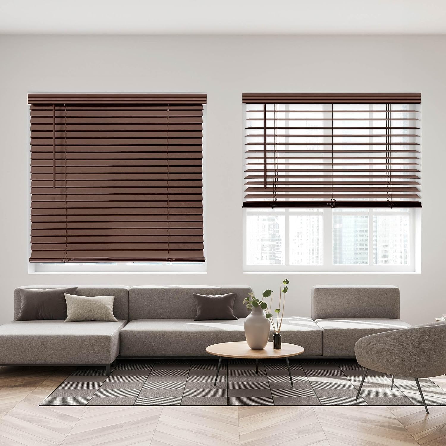 DEZ FURNISHINGS Cordless 2″ Faux Wood Blind, 20.25″ W x 64″ H, Dark Oak