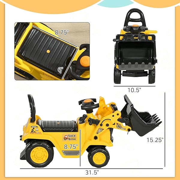 HOMCOM RIDE ON EXCAVATOR, KIDS BULLDOZER PULL CART WITH HORN, UNDER SEAT STORAGE, SIT AND SCOOT PRETEND PLAY TOY CONSTRUCTION CAR FOR AGES 18-48 MONTHS