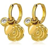 Dangle Gold Charm Earrings for Women 14K Gold Plated Bow Cherry Rose Zirconia Dragonfly Love Heart Wing Cross Pearl Conch Seashell Huggie Hoop Earring Drop Cross Trendy Party Jewelry Gifts for Women