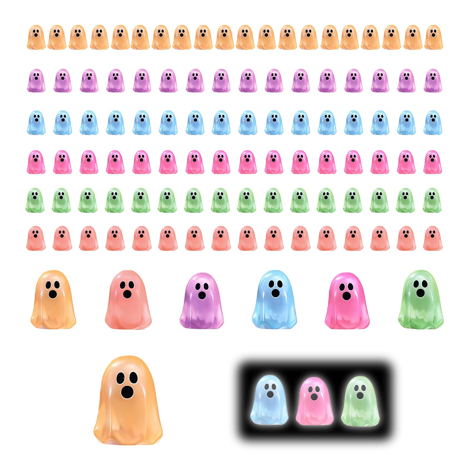 Auroriel 100 Pieces Halloween Mini Ghost Figures Glowing Resin, Glow in the Dark Party Favors, Decoration for Dollhouse, Mini Garden, Kids Room, Gift for Children & Frien
