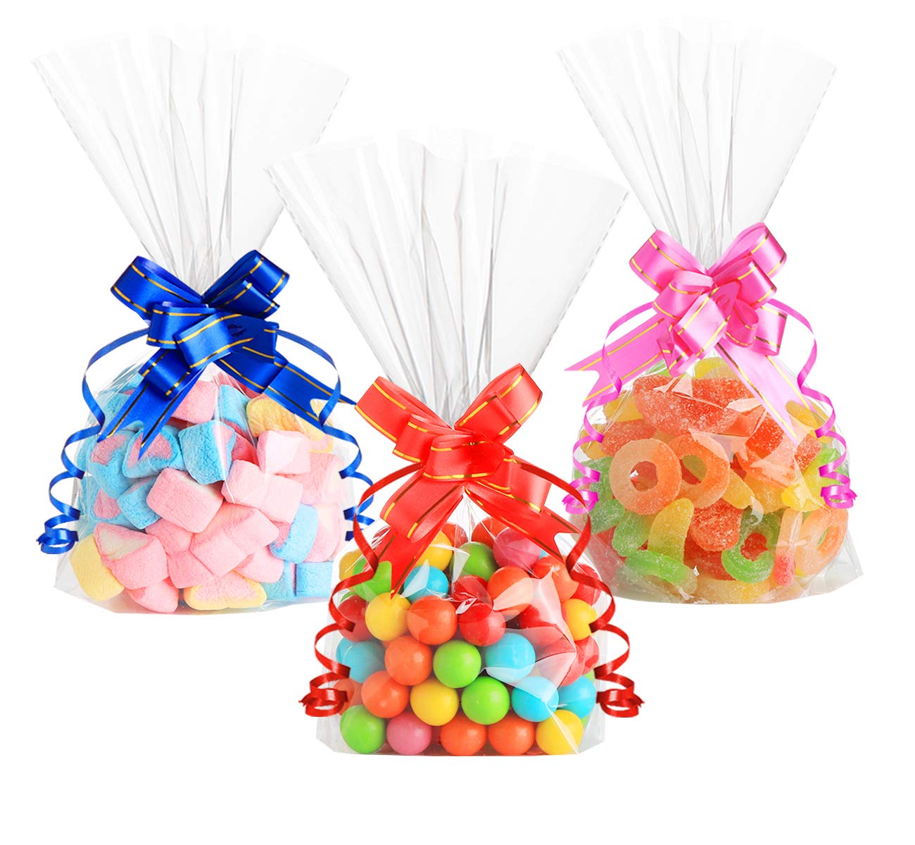 Anstore 100 Clear Cellophane Treat Bags, Sweet Party Gift Bags OPP Plastic Bags with 100 Pull Bows and 100 Twist Ties,Valentine's Day Gift Bag for Candy Soap Cookie Chocolates, 15 x 25 cm