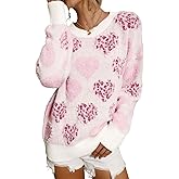 SELINK Women's Fuzzy Heart Sweater V Neck Pearl Drop Shoulder Casual Long Sleeve Valentines Sweaters Pullover Tops