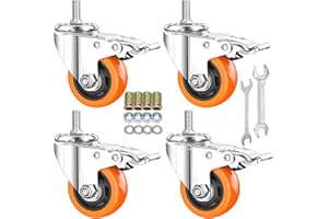 AOCHENLY Stem Casters Heavy Duty Casters Swivel Threaded Stem Caster Wheels with 3/8"-16 x 1 Thread Dual Locking Wheels Casters Set of 4 (3 Inch, with Brake)