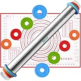 Rolling Pin and Silicone Baking Pastry Mat Set, Stainless Steel Dough Roller, Rolling Pins with Adjustable Thickness Rings, f