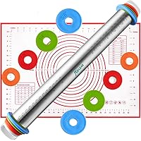 Rolling Pin and Silicone Baking Pastry Mat Set, Stainless Steel Dough Roller, Rolling Pins with Adjustable Thickness…