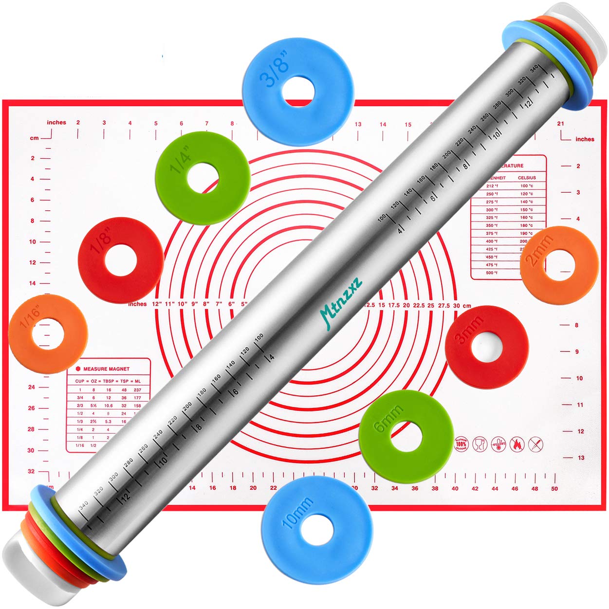 Photo 1 of ***Mat missing**Rolling Pin and Silicone Baking Pastry Mat Set, Stainless Steel Dough Roller, Rolling Pins with Adjustable Thickness Rings, for Baking Fondant, Pizza, Pie, Pastries, Pasta, Cookies