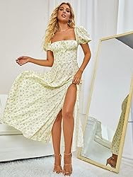 Women's Summer Puff Sleeve Floral Print Split Maxi