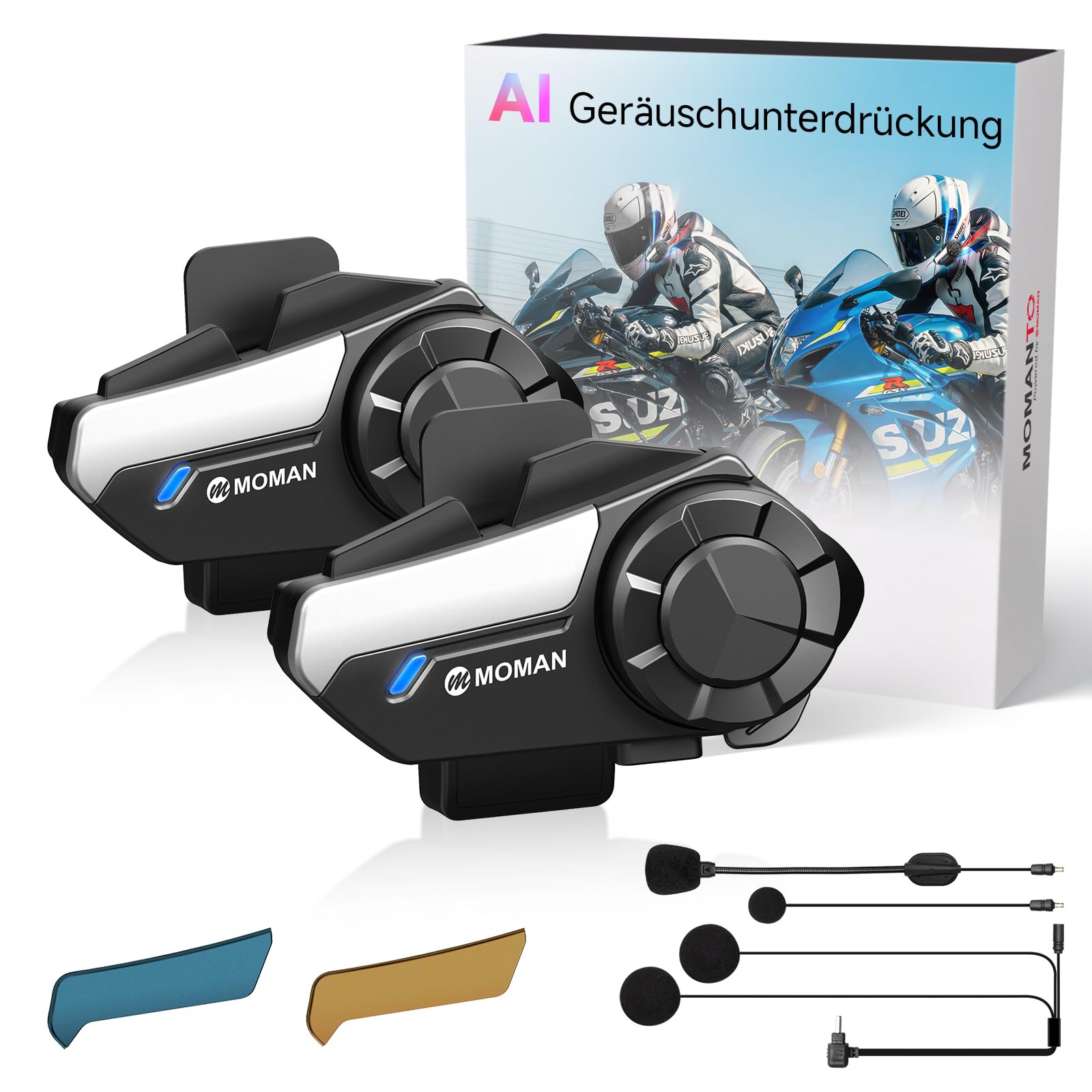 Moman Motorrad Intercom Headset, H2S 1000M Motorradhelm Kommunikationssystem ENC& DSP&CVC Geräuschreduzierung Multitasking-Audio Hi-Fi Stereo Musik Teilen FM AI Sprache IPX6 Wasserdicht (2 Pack)
