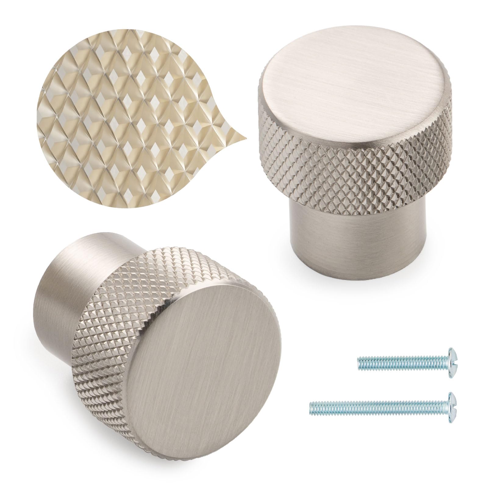 ASKANO Brushed Nickel, Knurled Kitchen Cabinet Knob AK1301 | Pack of 10, Round Pull Handle, Solid Hardware for Drawer, Dresser, Bathroom, Vanity, Furniture Door, Cupboard, Bedroom, Diameter: 1 Inch