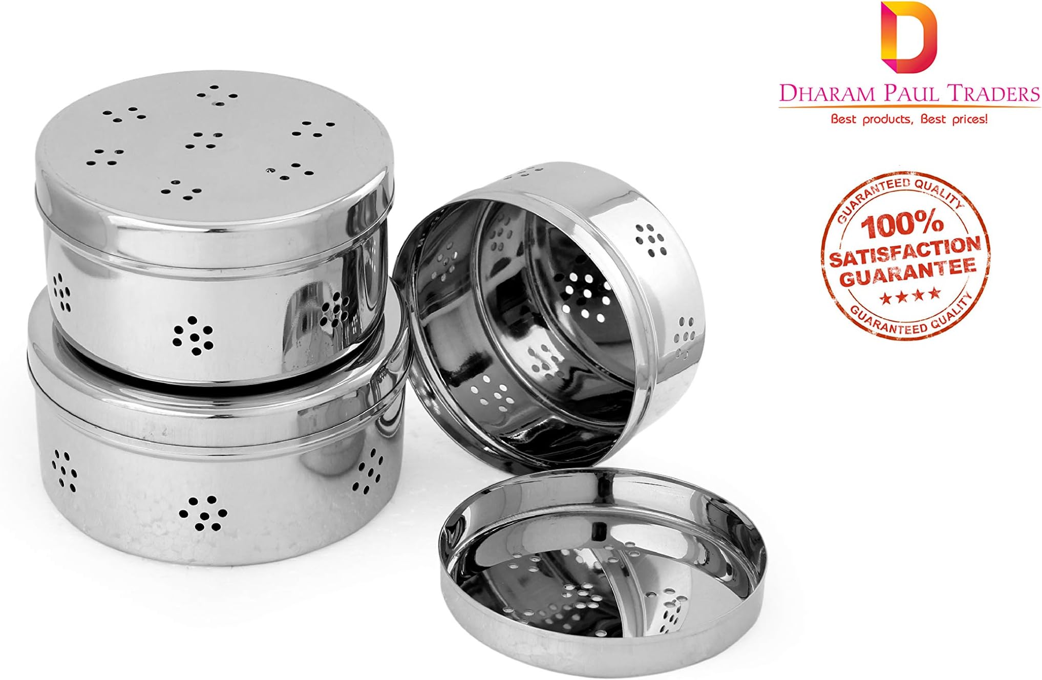 Dharam Paul Traders® Stainless Steel Dhaniya dibba, Coriander Storage Box,Hole Puri Dabbas/Sprout Maker/Flat Canisters with Air Ventilation Heavy Weight, Set of 3.