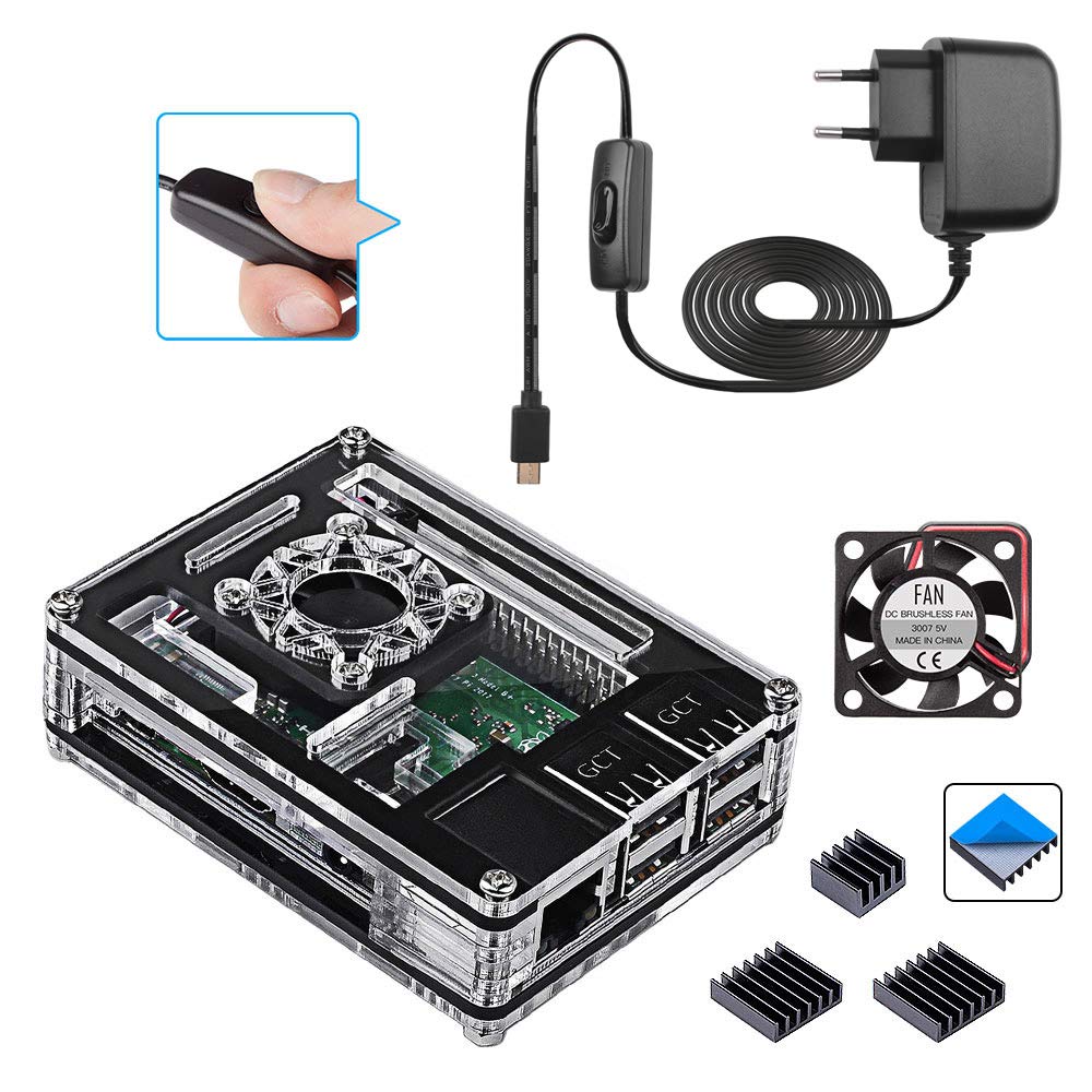 SmrazaCase for Raspberry Pi 4, Acrylic Case with Cooling Fan, 4PCS Heatsinks, 5V 3A USB-C Power Supply for Raspberry Pi 4 Model B (RPI 4 Board Not Included) - Black (Case for Raspberry Pi 3)