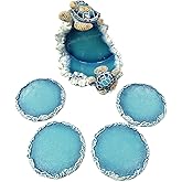 De Leon Collections Round 4-Piece Coaster Set With Decorative Holder, 3.5 Inch Polyresin, Blue Sea Turtles