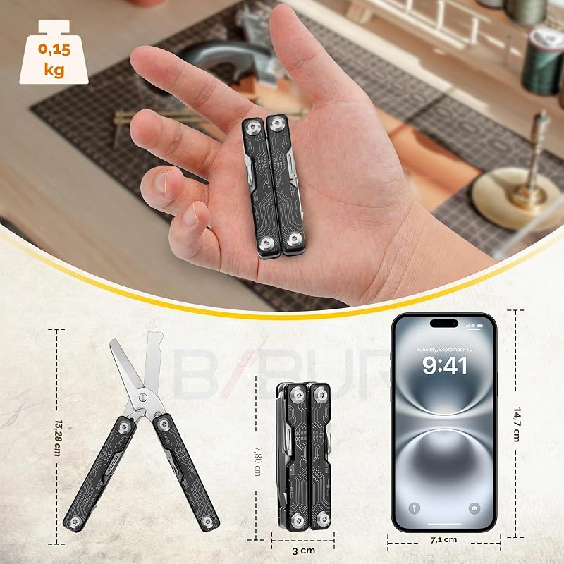 Multitool, Multi Tool de Poche EDC, Ciseaux Multifonctions avec Brise-vitre, Outil Multifonction pour Urgences et l'usage Quotidien, Idée Cadeau Homme, Gadgets EDC, Cadeau Noel Homme - Noir