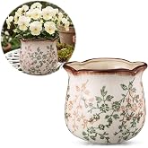 RimCereal 2 Pcs Vintage Ceramic Plant Pots, 6.65 Inch Planters with Drainage Hole for Indoor Plants, Farmhouse Green Scroll Vase Pot, Home Kitchen Garden Decor, Plant Lover Gifts