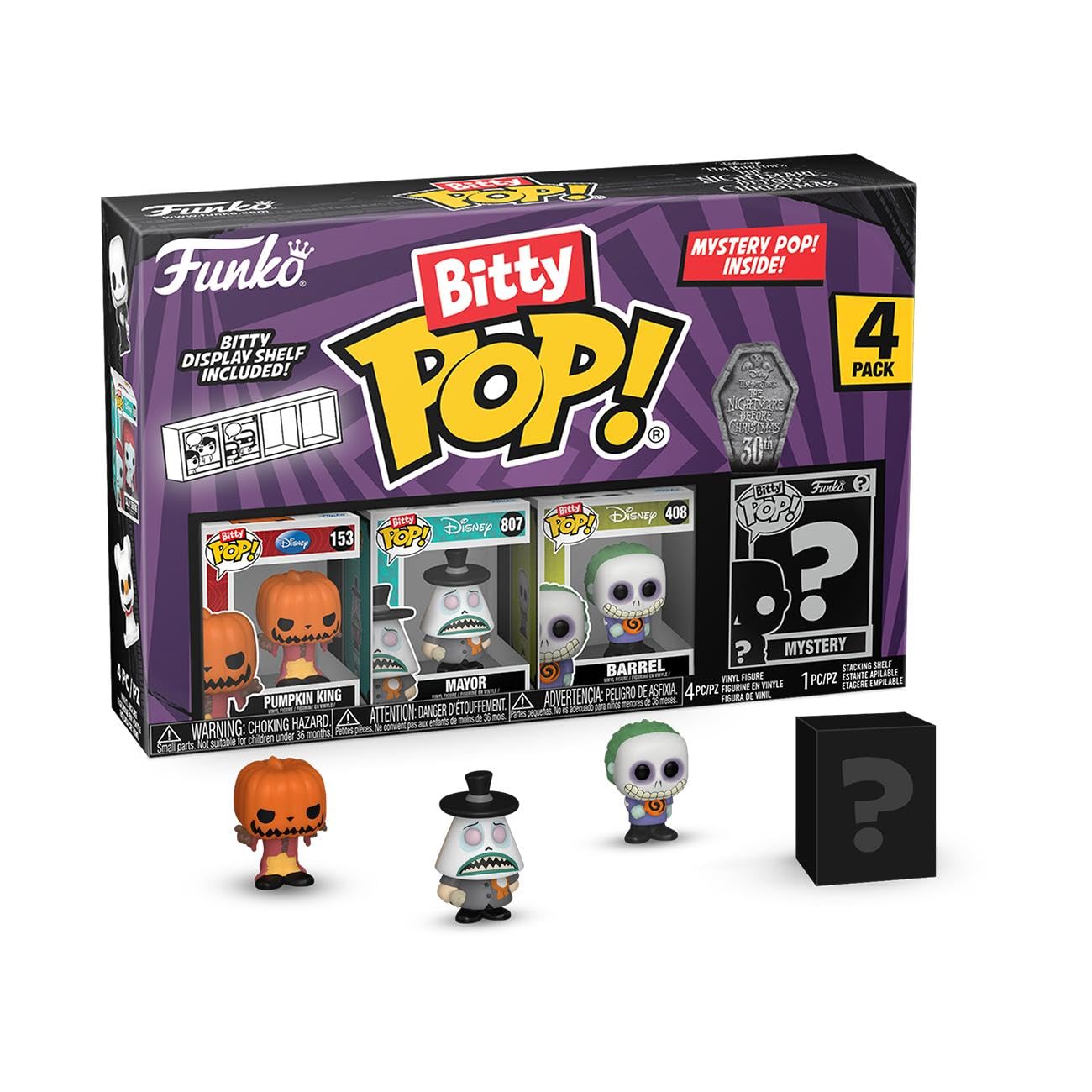 Funko Bitty Pop The Nightmare Before Christmas - Pumpkin Jack 4PK - Pumpkin King, Mayor (Frowning), Barrel and A Surprise Mystery Mini Figure - 0.9 Inch (2.2 Cm) Collectable - Gift Idea