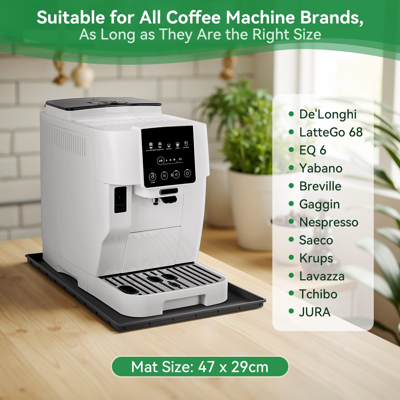 Inwee Unterlage Silikonmatte für Kaffeemaschinen, Anti-Rutsch Wasserdicht Silikonmatte für Kaffeevollautomat Barista Zubehör, kompatibel mit De'Longhi Magnifica, EQ.6 und LatteGo -47 x 29cm, Schwarz 2
