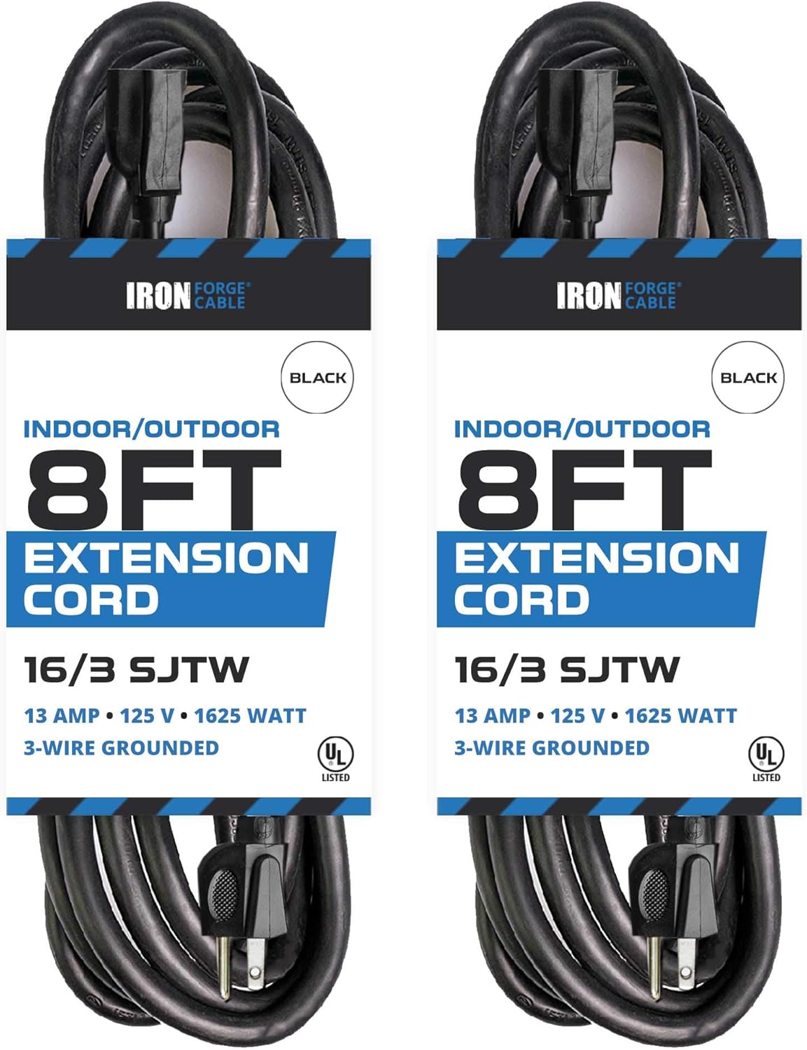 2 Pack of 10 Ft Outdoor Extension Cords - 16/3 Durable Black Extension Cord Pack - - 