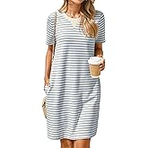 Glamaker Women Summer Tshirt Shift Dress Casual Striped Short Sleeve Crew Neck Knee Length Comfy Dress with Pockets