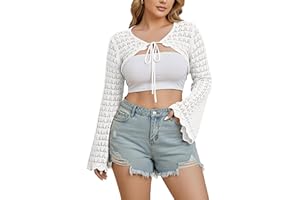 ShopWonder Plus Size Sheer Crochet Bolero Shrug Sweater for Women Hollow Out Cropped Tie Front Bell Sleeve Cardigan