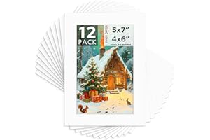 Mat Board Center, 5x7 White Mats for 4x6 Pictures - Acid Free, 4-ply Thickness, White Core, Bevel Cut - for Pictures, Photos,