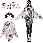 Beipegin Skeleton Costumes Women Skeleton Poncho Rose Floral Crown Face Temporary Tattoos Day of The Dead Costume Halloween
