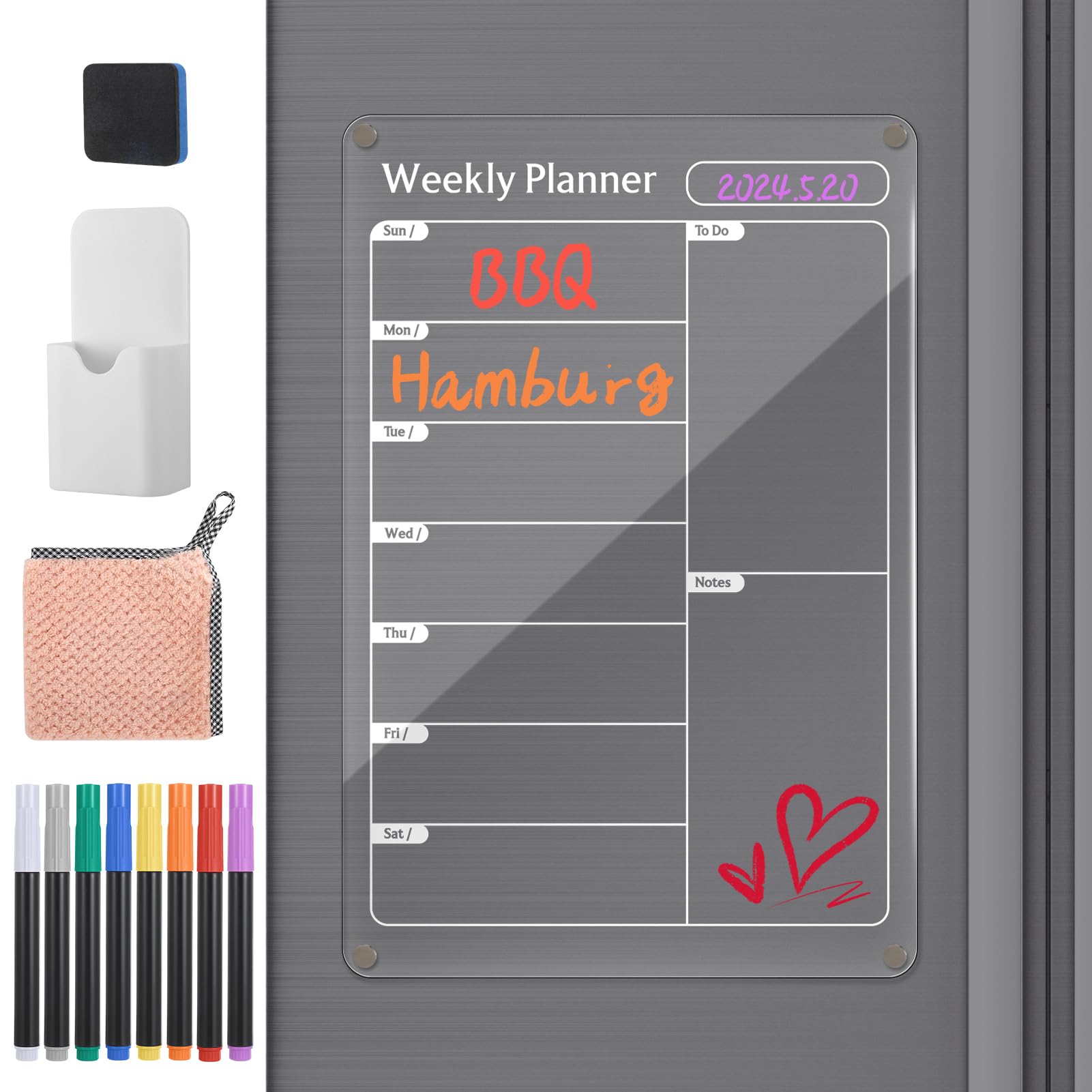 Meng Jiaran Magnetic Fridge Planner, Acrylic Weekly Planner Fridge Calendar Whiteboard with Magnetic Dry Erase Board,8 Markers,Pen Holder&Cloth for Meal Planner Shopping List Memo Reminders