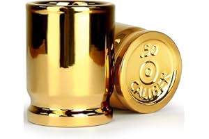 Barbuzzo ORIGINAL 50 CAL SHOT GLASSES, Set of 2, American Owned & Designed, Unique Gag Gifts, Man Cave Gifts, and Gifts for Men, Each Gold Shot Glass Holds 2 Ounces