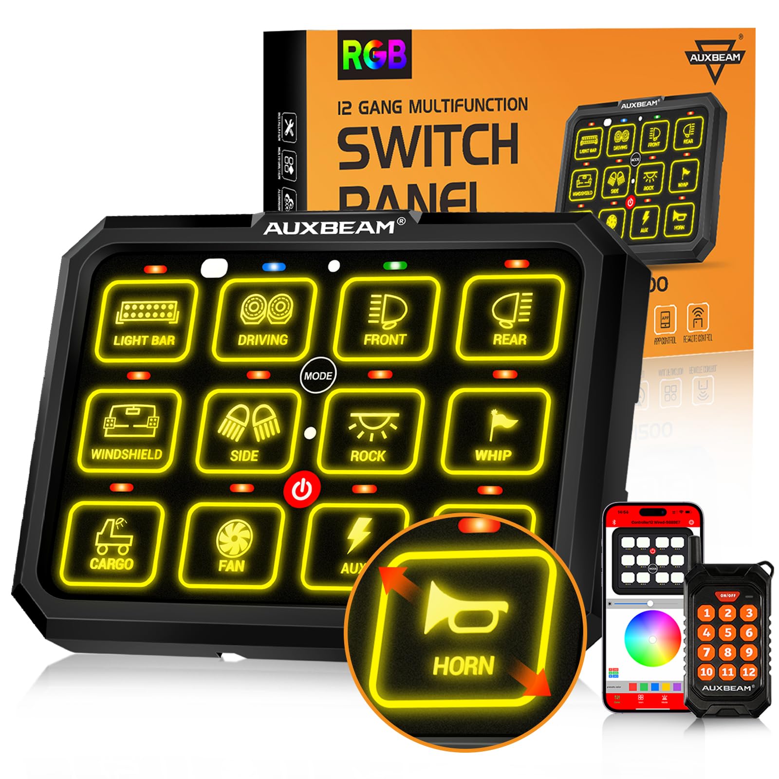 Photo 1 of Auxbeam RGB 12 Gang Bluetooth Switch Panel AC-1200 w/165FT Long Range 433MHz Wireless Remote Control, Auto-Dimmable Panel w/Toggle Momentary Pulsed, Unique Patented Design Switch Pod Waterproof
