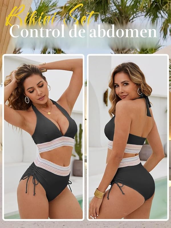 Conjuntos de Bikinis Mujer Cintura Alta Bikinis Halter Cuello en V Sexy Traje de Baño 2 Piezas Vientre Plano Bañadores Mujer Reductores Natacion Talla Grande Bikini Push Up Bañador Reductor