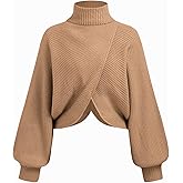 CIDER Cropped Sweaters for Women Turtleneck Sweater Long Sleeve Ribbed Knit Lantern Sleeve Pullover Fall Outfits