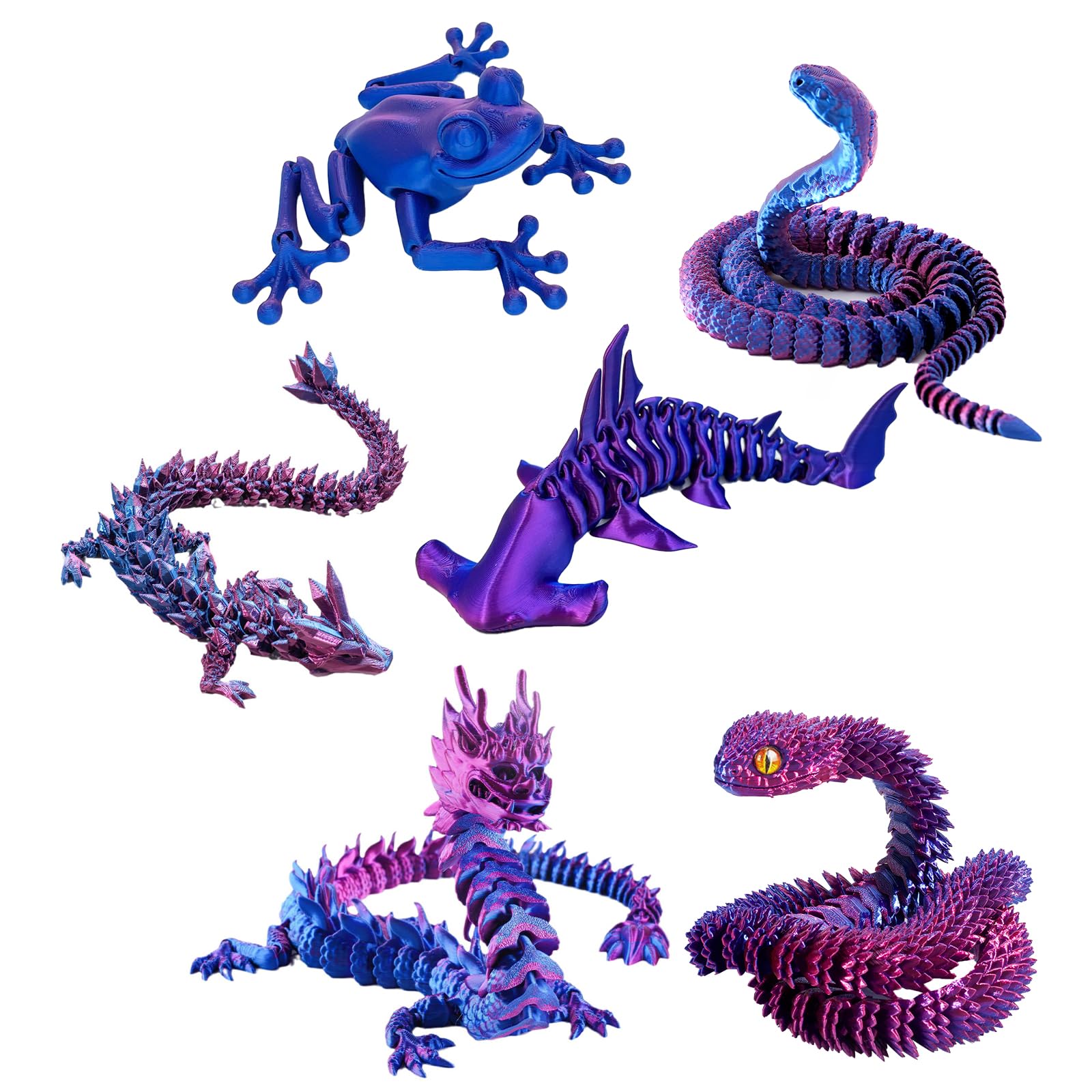 nnOuOnn 6PCS 3D Printed Animals, Articular Mobility 3D Printed Fidget Toys Animal Collectable for Home and Office Decoration (Laser Purple)