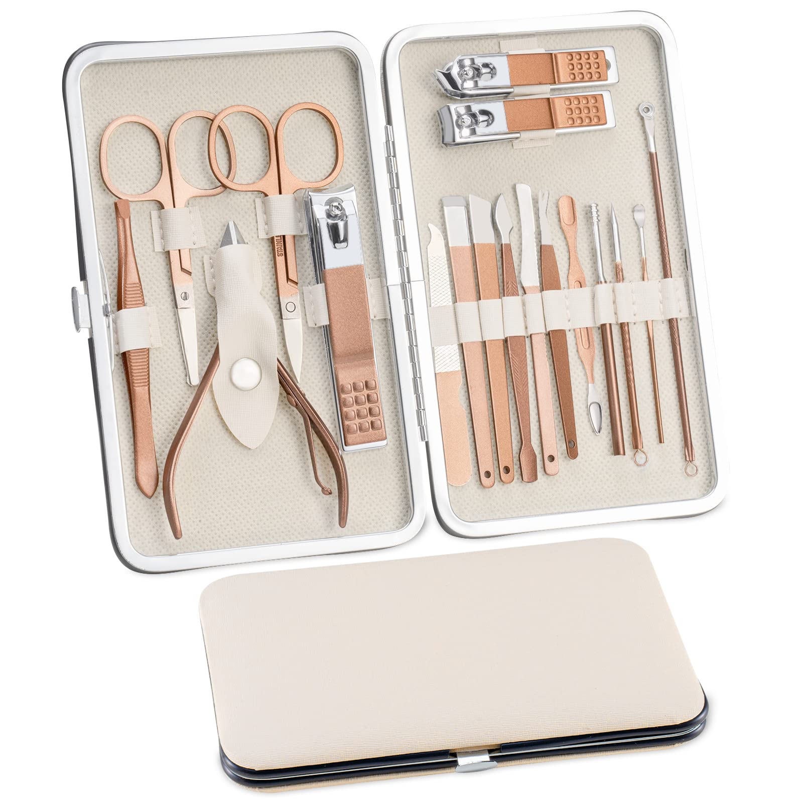 Manicure Set 18 Pieces Nail Care Set, Pedicure Care Set Women Men Nail Clippers Set Stainless Steel Nail Set Nail Case Beauty Kit Portable for Travel (Rose Gold)