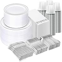 700 Piece Dinnerware Set for Wedding & Party,100 Guest RimPlastic Plates,100 Plastic Silverware,100 Cups,100 Linen Like Napki