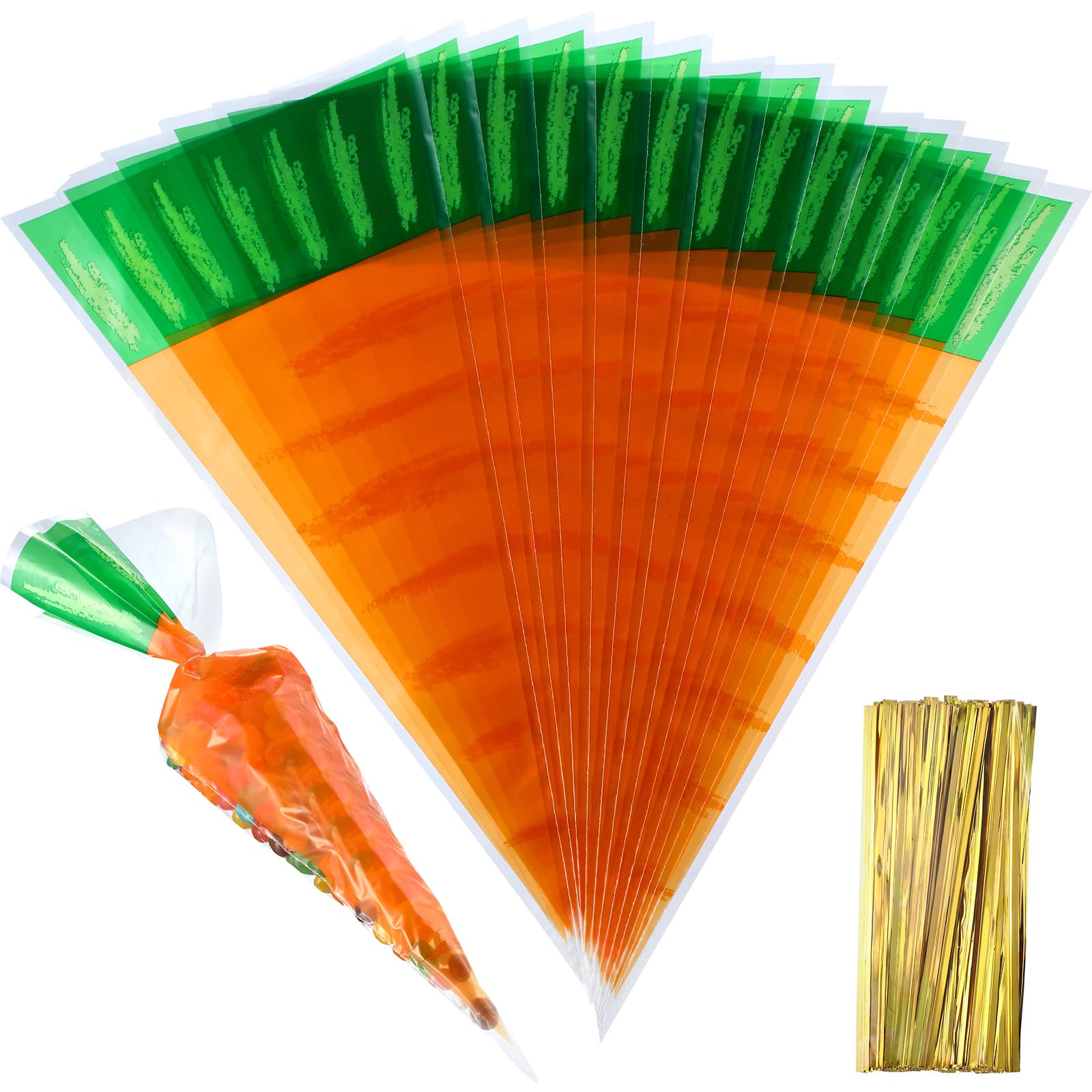 200 Counts Easter Carrot Patterned Cone Cellophane Bags Treat Goody Bags with 200 Pieces Gold Twist Ties for Easter Party Favor