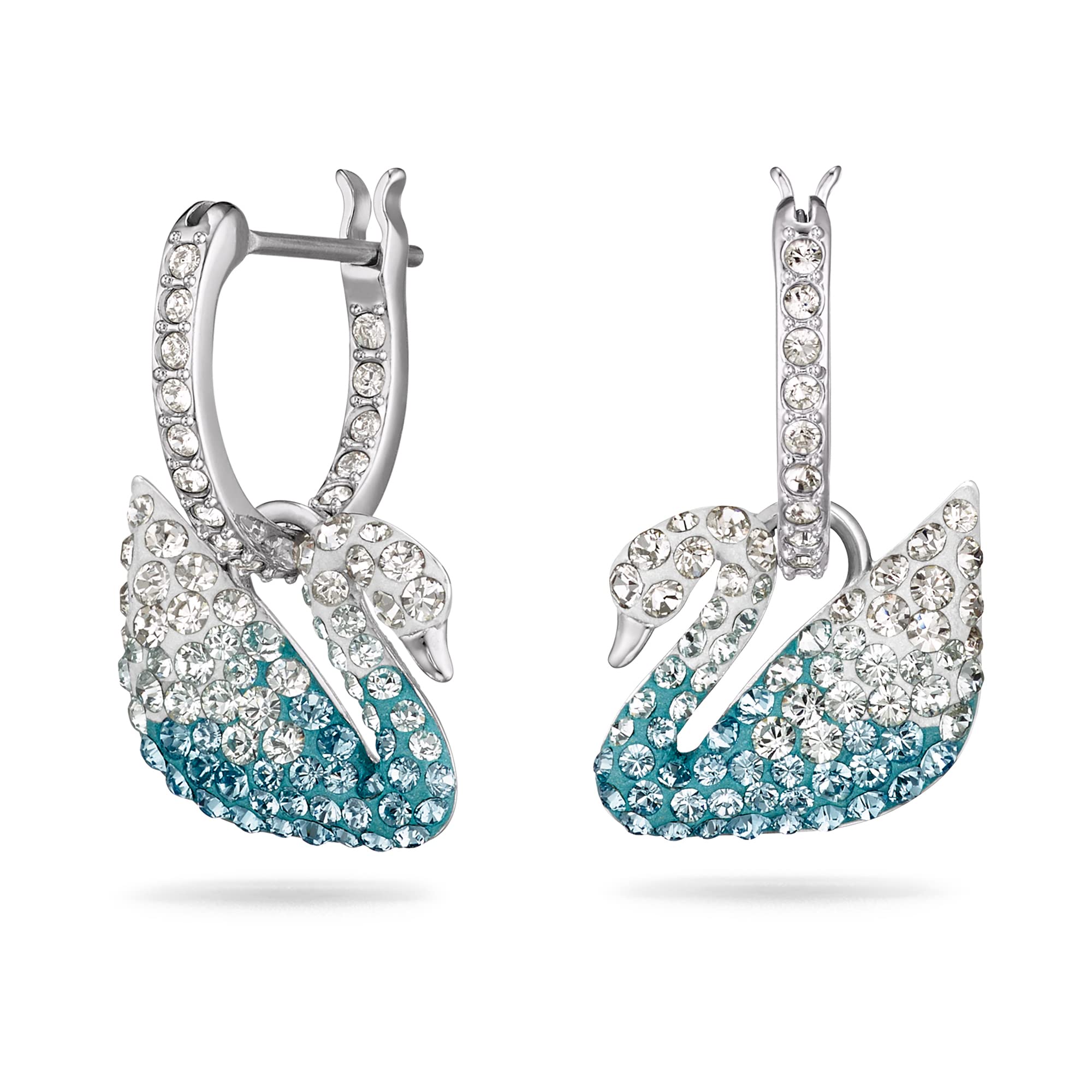 Swarovski Iconic Swan hoop earrings, Swan, Blue, Rhodium plated