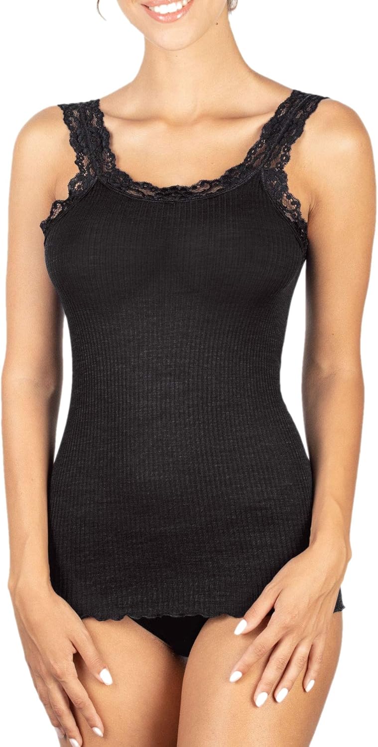 Canotta da donna intima elegante in LANA e SETA con pizzo spalla larga