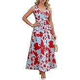 EWFKJ Women's V-Neck Wrap Floral Maxi Dress Sleeveless Empire Waist 2026 Summer Beach Vacation Flowy Dress